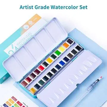 Artsy Artist Grade Watercolor Paint Set - 24 Colors and Water Brush in A Metal Case with Palette Perfect for Artists, Hobbyists, Students