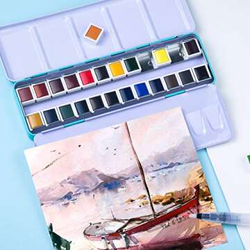 Artsy Artist Grade Watercolor Paint Set - 24 Colors and Water Brush in A Metal Case with Palette Perfect for Artists, Hobbyists, Students