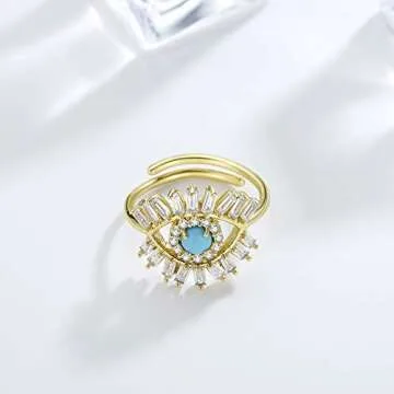 Obidos Evil Eye Rings for Women 14K Gold Plated Adjustable Statement Rings Dainty Eyeball Rings Evil Eye Stackable Rings Minimalist Protection Jewelry