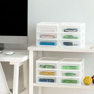 IRIS USA Plastic Stacking Desk Top 3-Drawer Storage Organizer, 4-Pack, for Makep Vanity Nail Polish Bathroom Stationery Art Craft Supplies Kitchen Office Garage and Small Organization, Small, White