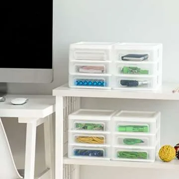 IRIS USA Plastic Stacking Desk Top 3-Drawer Storage Organizer, 4-Pack, for Makep Vanity Nail Polish Bathroom Stationery Art Craft Supplies Kitchen Office Garage and Small Organization, Small, White