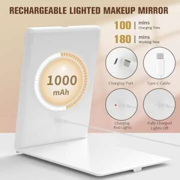 Portable LED Travel Makeup Mirror with 3 Color Modes