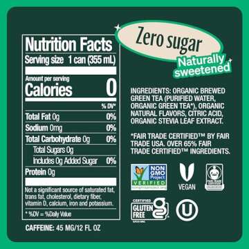 Zevia Organic Sugar Free Iced Tea, Green Tea, 12 Ounce Cans (Pack of 12)