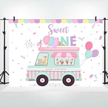 Lofaris Ice Cream Truck Shop Backdrop Happy Birthday Sweet One Summer Baby Girls Party Photography B...