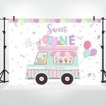 Lofaris Ice Cream Truck Shop Backdrop Happy Birthday Sweet One Summer Baby Girls Party Photography B...