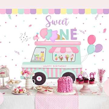 Lofaris Ice Cream Truck Shop Backdrop Happy Birthday Sweet One Summer Baby Girls Party Photography Background 1st Birthday Sprinkles Balloon Car Cake Table Decorations Banner Photo Booth Props 7x5ft
