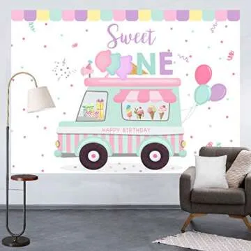Lofaris Ice Cream Truck Shop Backdrop Happy Birthday Sweet One Summer Baby Girls Party Photography Background 1st Birthday Sprinkles Balloon Car Cake Table Decorations Banner Photo Booth Props 7x5ft