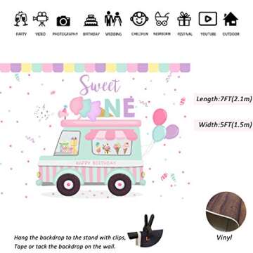 Lofaris Ice Cream Truck Shop Backdrop Happy Birthday Sweet One Summer Baby Girls Party Photography Background 1st Birthday Sprinkles Balloon Car Cake Table Decorations Banner Photo Booth Props 7x5ft