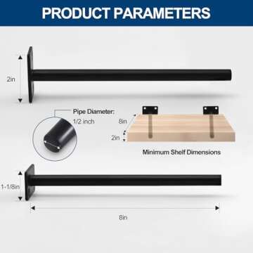 8 Pcs 8" Black Solid Steel Floating Shelf Bracket Blind Shelf Supports - Hidden Brackets for Floatin...