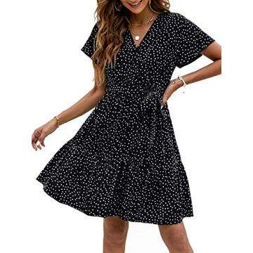 ZESICA Women's Summer Wrap V Neck Bohemian Floral Print Ruffle Swing A Line Beach Mini Dress,Black,S...