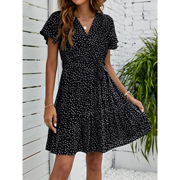 ZESICA Women's Summer Wrap V Neck Bohemian Floral Print Ruffle Swing A Line Beach Mini Dress,Black,Small