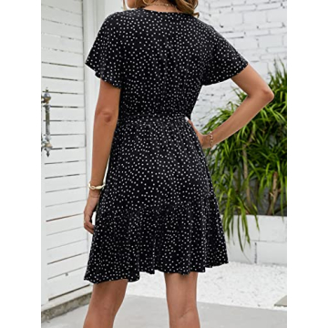 ZESICA Women's Summer Wrap V Neck Bohemian Floral Print Ruffle Swing A Line Beach Mini Dress,Black,Small