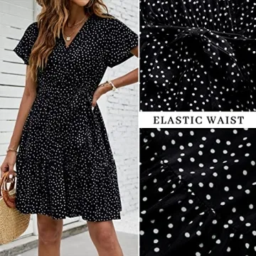 ZESICA Women's Summer Wrap V Neck Bohemian Floral Print Ruffle Swing A Line Beach Mini Dress,Black,Small