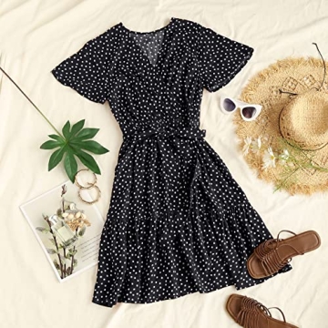 ZESICA Women's Summer Wrap V Neck Bohemian Floral Print Ruffle Swing A Line Beach Mini Dress,Black,Small