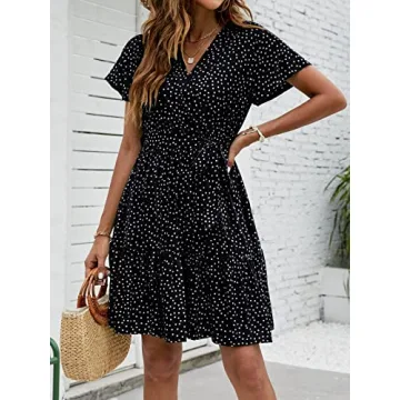 ZESICA Women's Summer Wrap V Neck Bohemian Floral Print Ruffle Swing A Line Beach Mini Dress,Black,Small