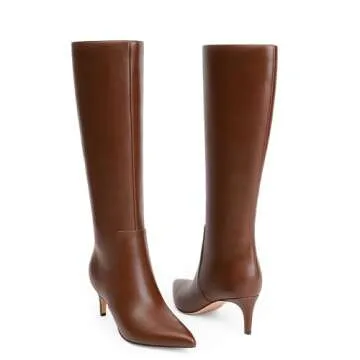 QIY Brown Boots Women Fall Knee High Boots Kitten Heels Pointed Toe Long Boots for Women Brown Knee ...