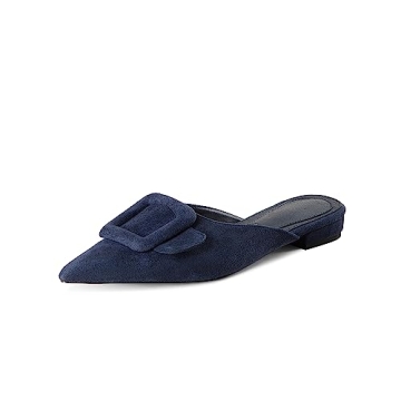 Volrina Women's Pointed Toe Flat Mules Square Buckle Low Heel Slippers Suede Slip on Loafers Slides ...
