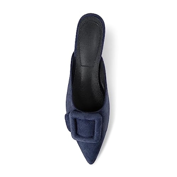 Volrina Women's Pointed Toe Flat Mules Square Buckle Low Heel Slippers Suede Slip on Loafers Slides Backless Party Dress Shoes Dark Blue Flat 9