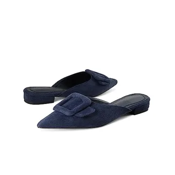 Volrina Women's Pointed Toe Flat Mules Square Buckle Low Heel Slippers Suede Slip on Loafers Slides Backless Party Dress Shoes Dark Blue Flat 9
