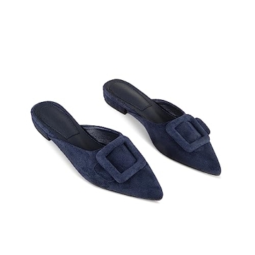 Volrina Women's Pointed Toe Flat Mules Square Buckle Low Heel Slippers Suede Slip on Loafers Slides Backless Party Dress Shoes Dark Blue Flat 9