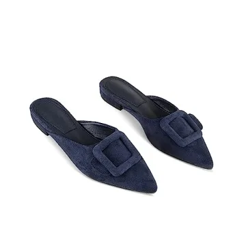 Volrina Women's Pointed Toe Flat Mules Square Buckle Low Heel Slippers Suede Slip on Loafers Slides Backless Party Dress Shoes Dark Blue Flat 9