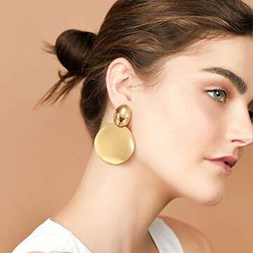 Large Gold Disc Statement Stud Earrings for Women Double Round Disc Gold Plated Lightweight Geometric Drop Dangle Earrings Retro Jewelry Gifts