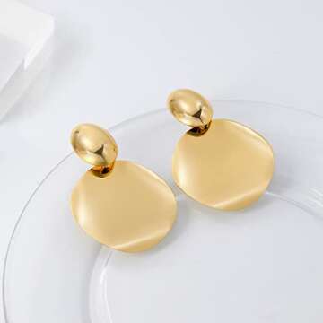 Large Gold Disc Statement Stud Earrings for Women Double Round Disc Gold Plated Lightweight Geometric Drop Dangle Earrings Retro Jewelry Gifts