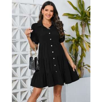 FUNJULY Maternity Dress Women's Casual Puff Short Sleeve Collar V Neck Button Down Tiered Pleated Mini Shirt Dress Black M
