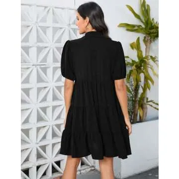 FUNJULY Maternity Dress Women's Casual Puff Short Sleeve Collar V Neck Button Down Tiered Pleated Mini Shirt Dress Black M