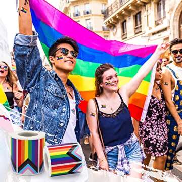 300 Pieces 2 x 1.2 inch Pride Flag Stickers, Rainbow Rectangle Pride Stickers Self Adhesive Sticker Roll for Gay Lesbian Pride Month Decorations, Support LGBTQ Pride Stuff Accessories (Progress Pride)