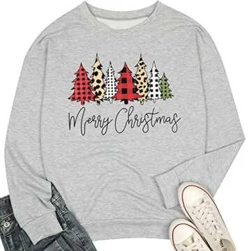 TUEIWIWO Merry Christmas Sweatshirts for Women 2024 Christmas Tree Graphic Print Pullover Sweatshirt