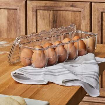 mDesign Stackable Plastic Covered Egg Tray Holder, Storage Container and Organizer for Refrigerator - Dozen-Section Carrier Bin with Lid and Handle - Holds 12 Eggs - Clear
