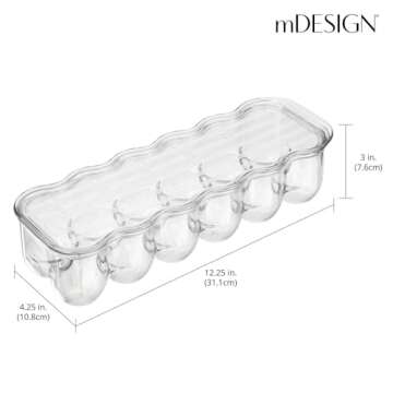 mDesign Stackable Plastic Covered Egg Tray Holder, Storage Container and Organizer for Refrigerator - Dozen-Section Carrier Bin with Lid and Handle - Holds 12 Eggs - Clear