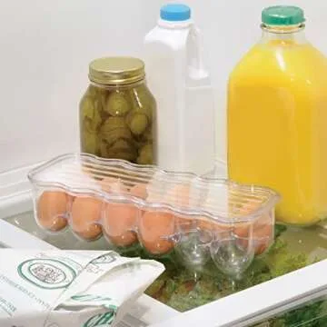 mDesign Stackable Plastic Covered Egg Tray Holder, Storage Container and Organizer for Refrigerator - Dozen-Section Carrier Bin with Lid and Handle - Holds 12 Eggs - Clear