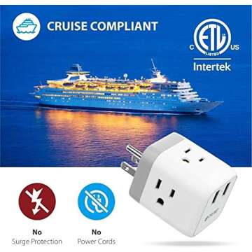 TROND Multi Plug Outlet Extender - Outlet Splitter with 3 Plug Extender, 2 USB Wall Charger, Wall Outlet Expander, Multiple Outlet Wall Plug, Non Surge Protector for Cruise Ship, Travel, Home, Office
