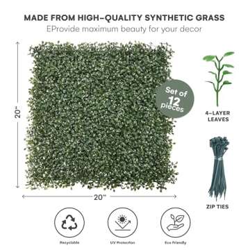 Flybold Grass Wall Panels Pack of 12-20"x20" Artificial Greenery Panels with UV Protection for Indoor and Outdoor Wall Decor - Lifelike Fake Grass Backdrop for Privacy Screens, Fence Covering
