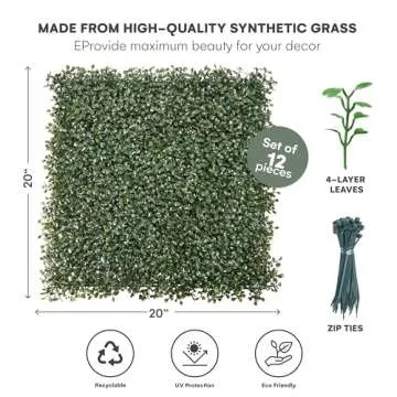 Flybold Grass Wall Panels Pack of 12-20"x20" Artificial Greenery Panels with UV Protection for Indoor and Outdoor Wall Decor - Lifelike Fake Grass Backdrop for Privacy Screens, Fence Covering