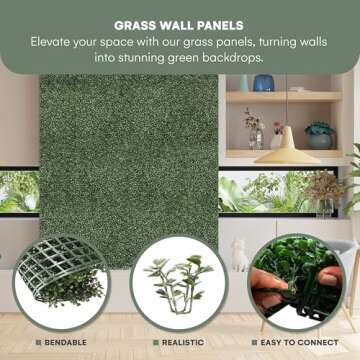 Flybold Grass Wall Panels Pack of 12-20"x20" Artificial Greenery Panels with UV Protection for Indoor and Outdoor Wall Decor - Lifelike Fake Grass Backdrop for Privacy Screens, Fence Covering