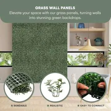Flybold Grass Wall Panels Pack of 12-20"x20" Artificial Greenery Panels with UV Protection for Indoor and Outdoor Wall Decor - Lifelike Fake Grass Backdrop for Privacy Screens, Fence Covering