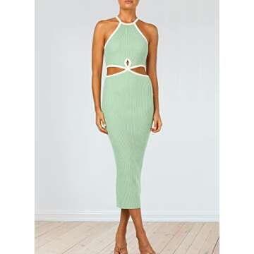KMOLY Women's Cut Out Waist Bodycon Midi Dress Sexy Backless Sleeveless Spaghetti Strap Party Tank Dresses Green