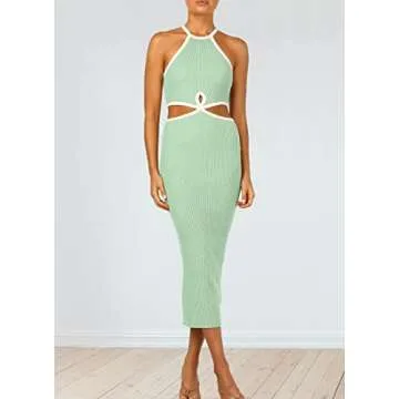 KMOLY Women's Cut Out Waist Bodycon Midi Dress Sexy Backless Sleeveless Spaghetti Strap Party Tank Dresses Green