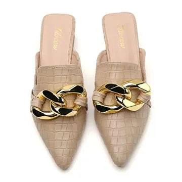 Tilocow Chain Decor Womens Pumps Closed Pointed Toe Heeled Sandals Embossed Block Heel Slides Shoes ...