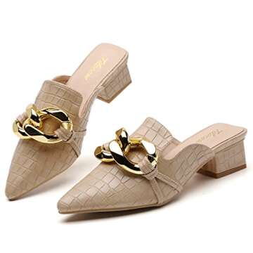 Tilocow Chain Decor Womens Pumps Closed Pointed Toe Heeled Sandals Embossed Block Heel Slides Shoes for Women Buckle Mules