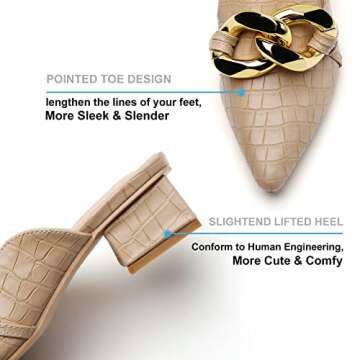 Tilocow Chain Decor Womens Pumps Closed Pointed Toe Heeled Sandals Embossed Block Heel Slides Shoes for Women Buckle Mules