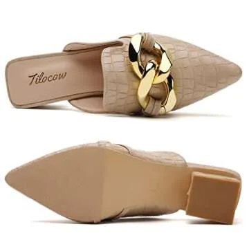 Tilocow Chain Decor Womens Pumps Closed Pointed Toe Heeled Sandals Embossed Block Heel Slides Shoes for Women Buckle Mules
