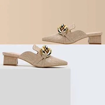 Tilocow Chain Decor Womens Pumps Closed Pointed Toe Heeled Sandals Embossed Block Heel Slides Shoes for Women Buckle Mules