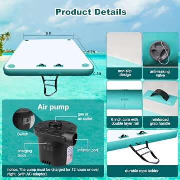 Inflatable Floating Dock with Rechargeable Air Pump, Dock Floats with Ladder, None-Slip Floating Island for Adults Kids, Inflatable Dock Platform for Lake, Pool, Beach, River, Ocean Water Floating Mat