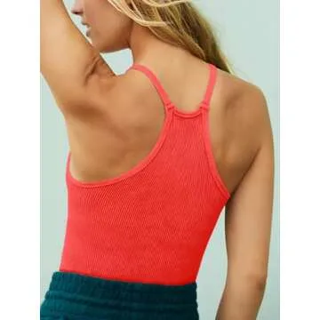 LASLULU Spaghetti Strap Sports Bras for Women - High Neck Yoga Wireless Bra Padded Cami Crop Top(Neon Orange Red Medium)