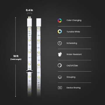 Feit Electric Smart Light Strip 16FT, Ultrathin RGBW Color Chasing LED Light Strip, 2.4GHz Wi-Fi Ena...