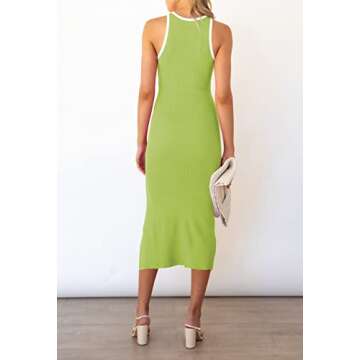 Pink Queen Women's Elegant Cutout Dresses Crewneck Sleeveless Slit Cocktail Bodycon Ribbed Midi Dress Green XS